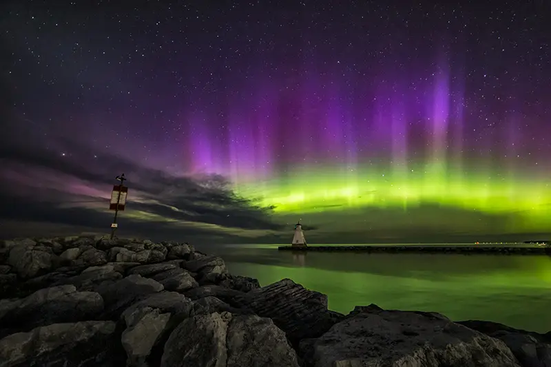 Northern Lights on Lake Huron & Saugeen River seen from Southampton Ontario over Range Lighthouse