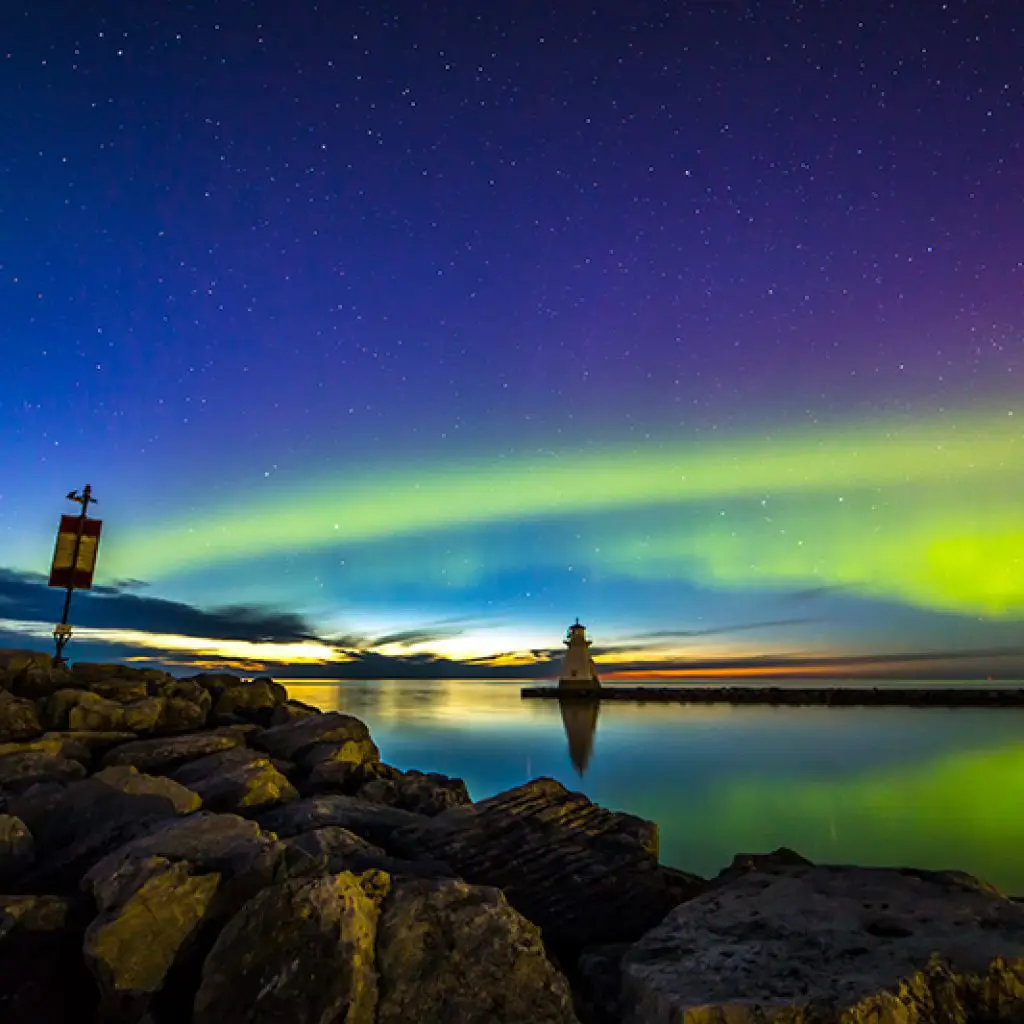 Moonset, Sunset & Northern Lights Over Saugeen River and Lake Huron