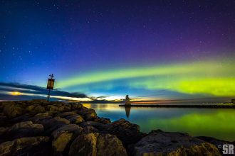 Moonset, Sunset & Northern Lights Over Saugeen River and Lake Huron