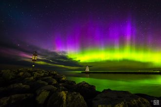Northern Lights on Lake Huron & Saugeen River seen from Southampton Ontario over Range Lighthouse