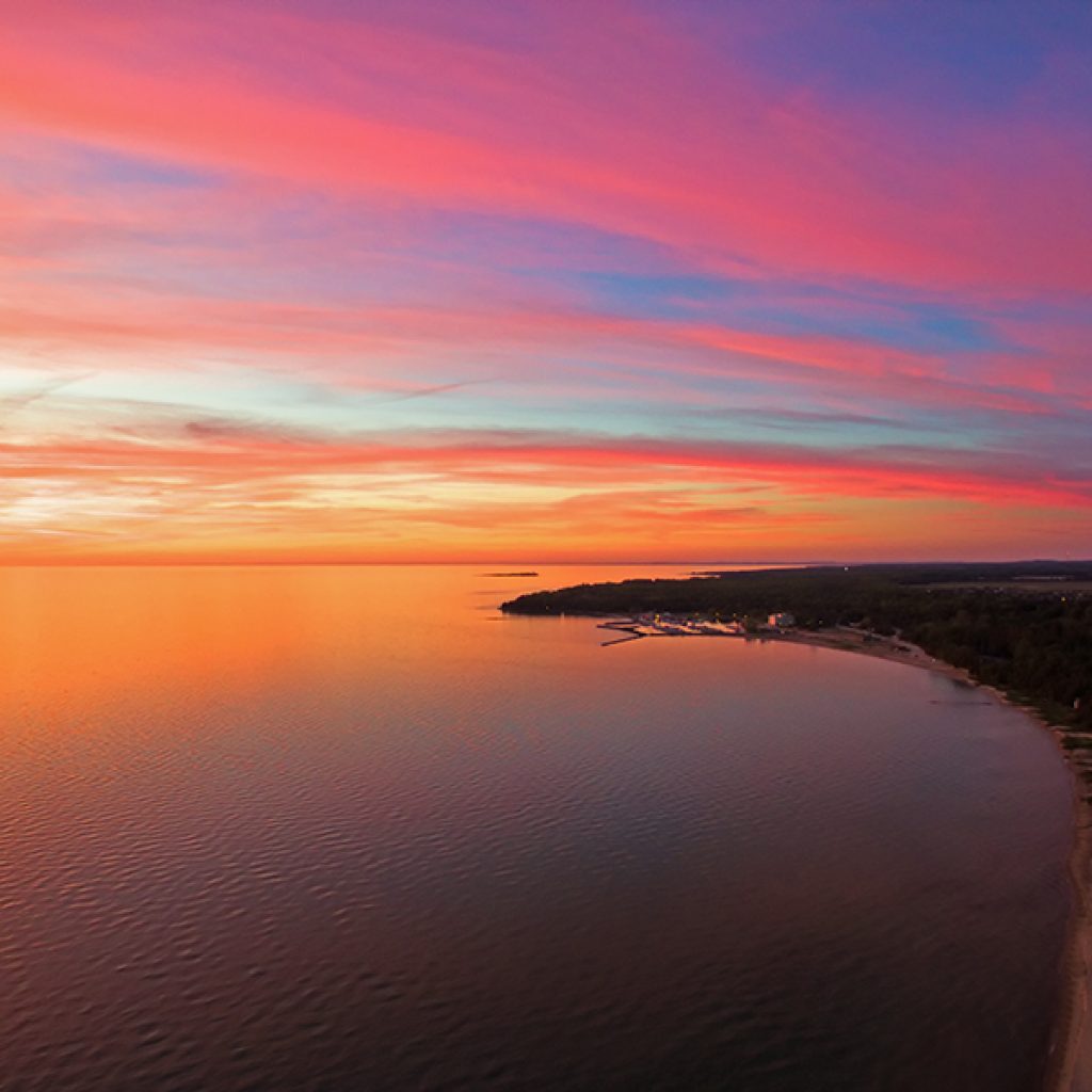 Aerial Sunset over Lake Huron & Port Elgin Marina & Chantry Island Wall Art Print