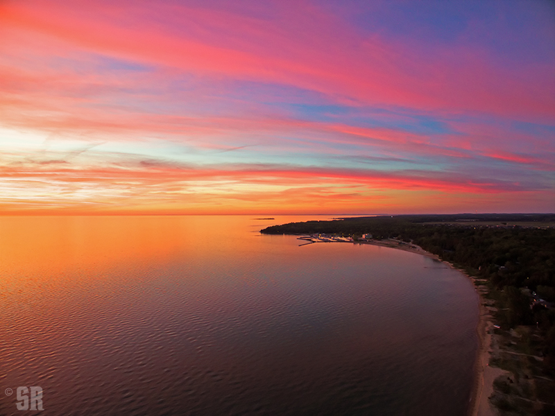 Aerial Sunset over Lake Huron & Port Elgin Marina & Chantry Island Wall Art Print