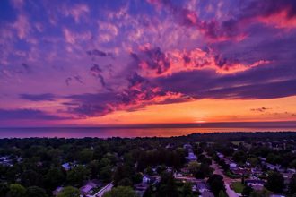 Aerial photo of Lake Huron Sunset over Port Elgin Ontario