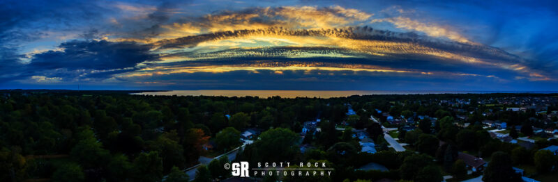 Pano aerial photo over port elgin ontario storm sunset art