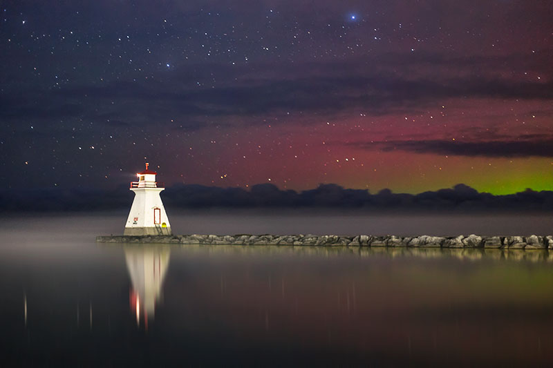 Northern Lights & Fog over Saugeen River, Lake Huron and Range Lighthouse - Southampton, Ontario Canada