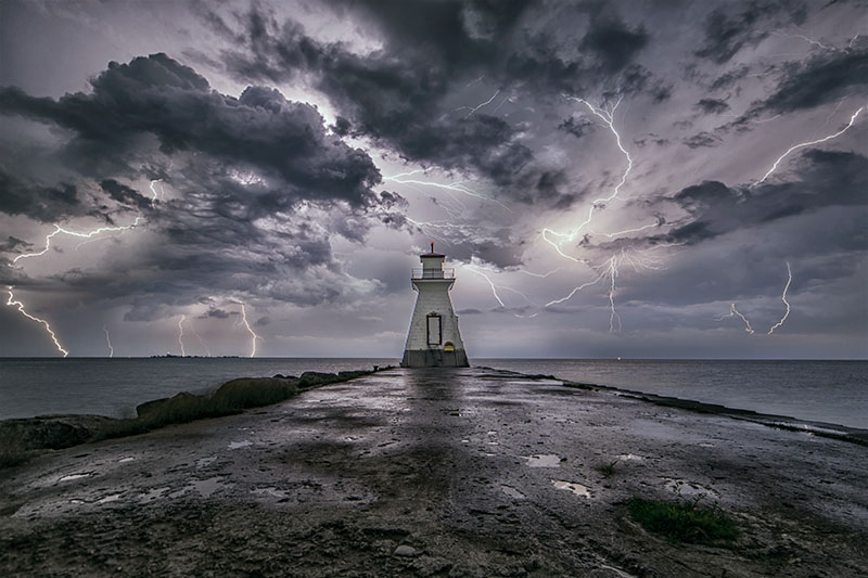 Lightning storm over Lake Huron Range Lighthouse Southampton, Ontario